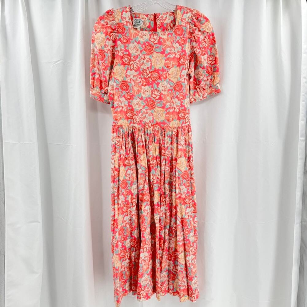 Vtg Laura Ashley Dress Floral Sz 10 Pink Puff Sleeves Midi